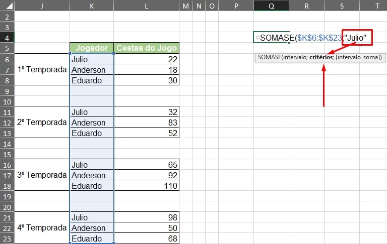 Função SOMASE no Excel, critério