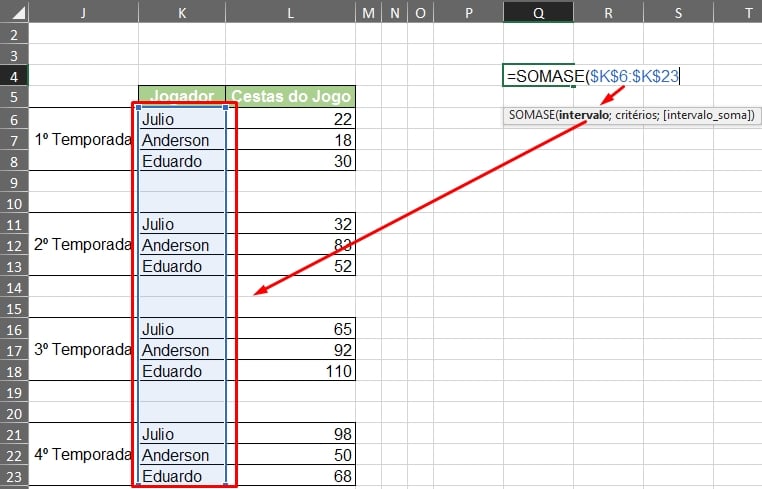 Função SOMASE no Excel, intervalo