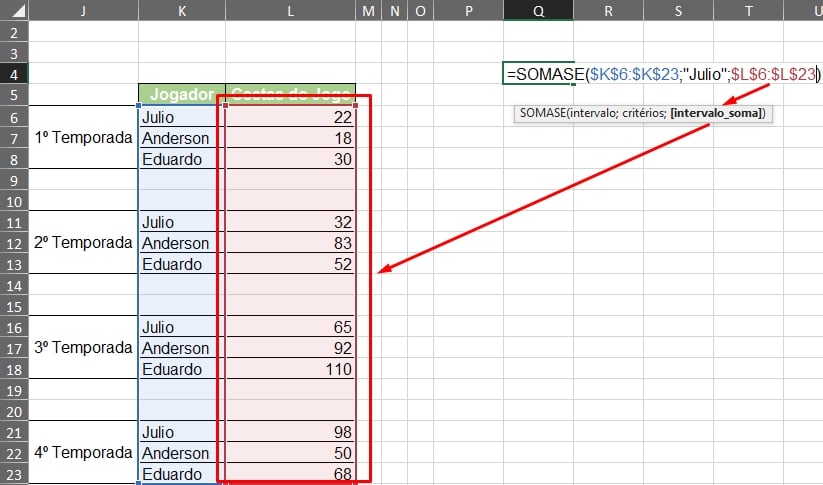 Função SOMASE no Excel, intervalo_soma