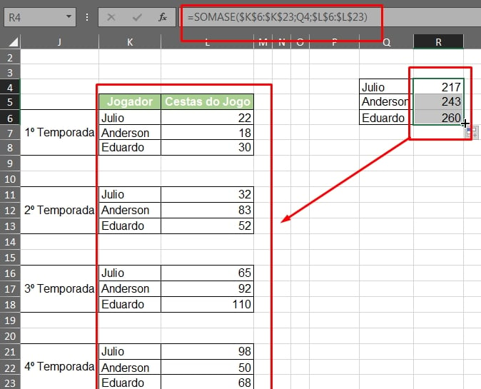 Função SOMASE no Excel, resultado total