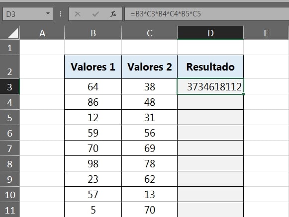 Multiplicação no Excel, resultado da multiplicação encadeada