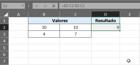 Subtração no Excel, resultado da subtração sequencial