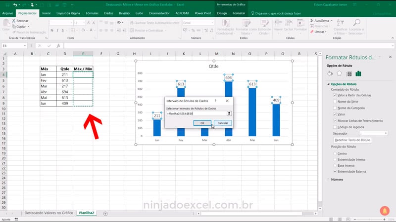 Colunas - Destacar Valor Máximo e Mínimo no Gráfico do Excel