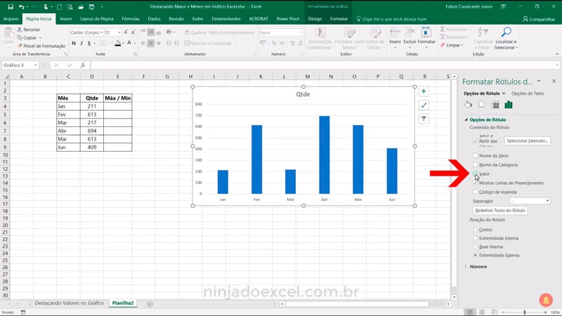 Gráfico de Excel - Destacando as colunas - Valor Máximo e Mínimo