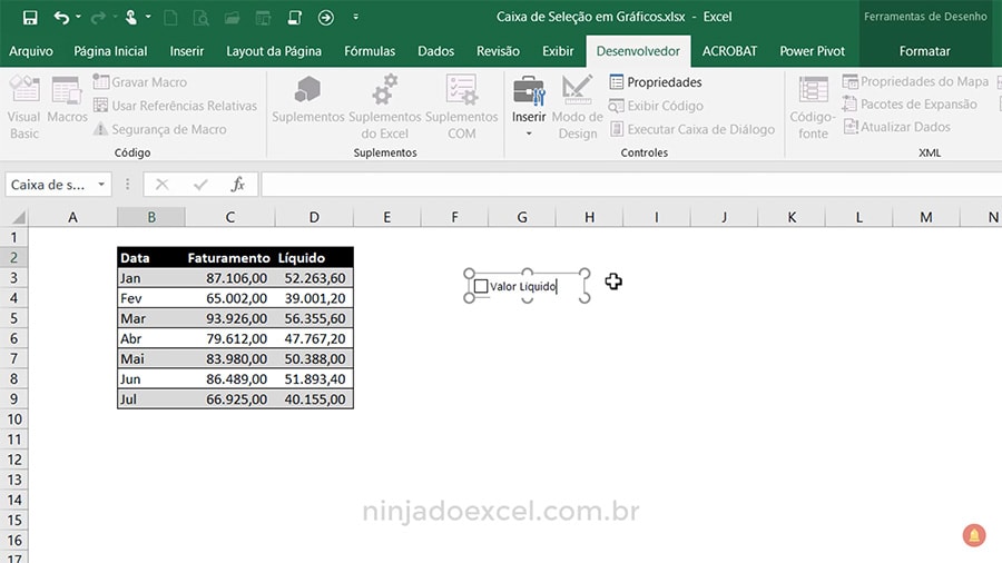 Caixa de Seleção no Excel com vínculo ao gráfico Ninja do Excel