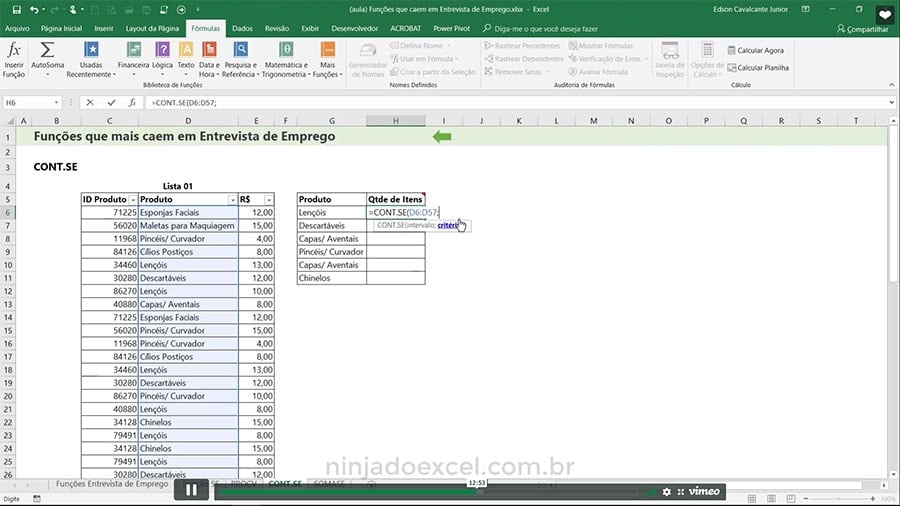 Funções de Excel para Entrevista de Emprego CONTSE