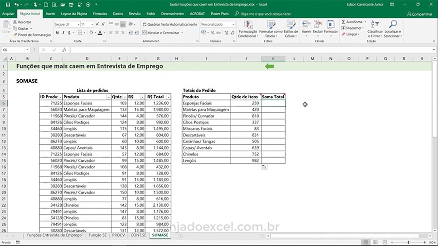 Funções de Excel para Entrevista de Emprego SOMASE