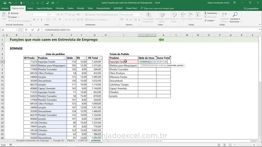 Funções de Excel para Entrevista de Emprego SOMASE