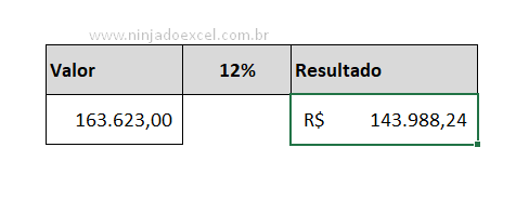 Resultado de diminuir o valor em Porcentagem no Excel oficial