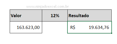 Resultado de diminuir o valor em Porcentagem no Excel