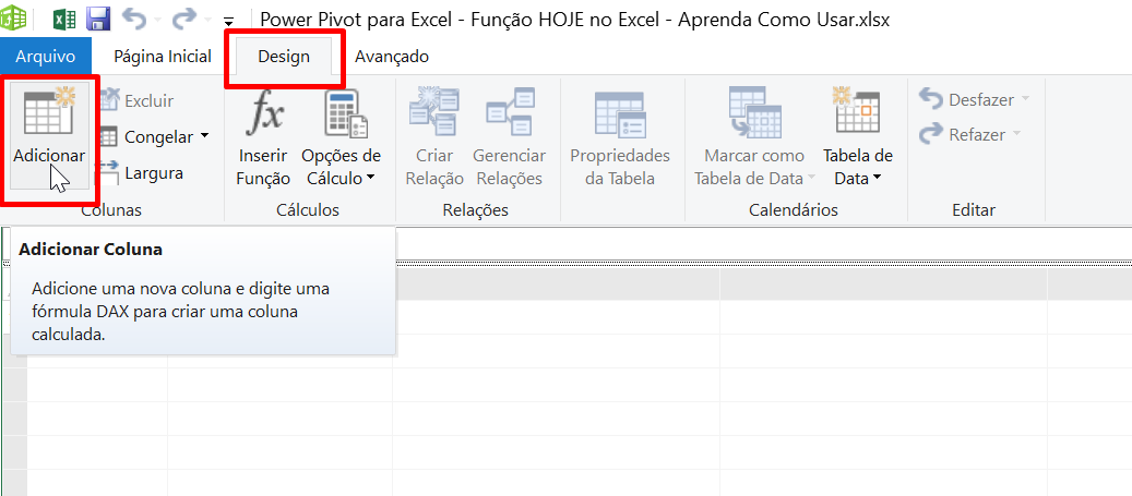função HOJE Excel, adicionar coluna