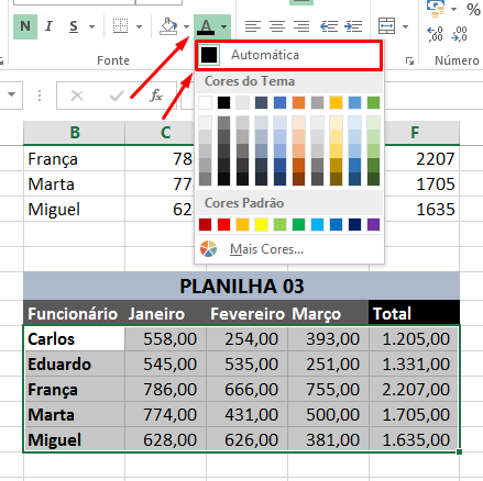 Cor da letra para limpar formatação no Excel