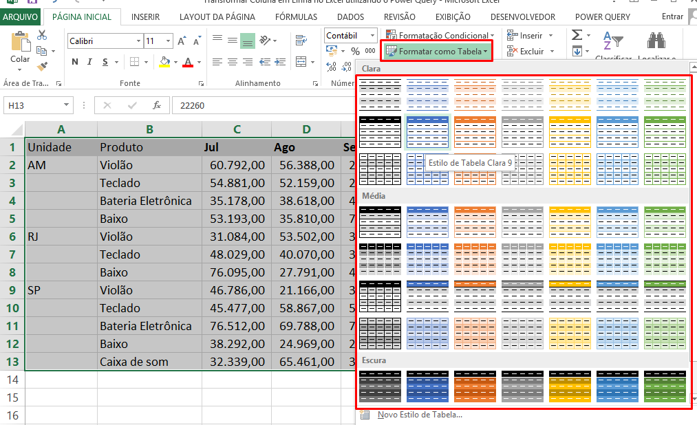 Transformando em tabela para Transformar Coluna em Linha no Excel