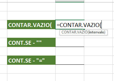 Abrindo CONT.VAZIO para contar células vazias no Excel