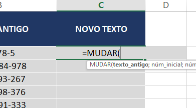 Abrindo a função MUDAR no Excel