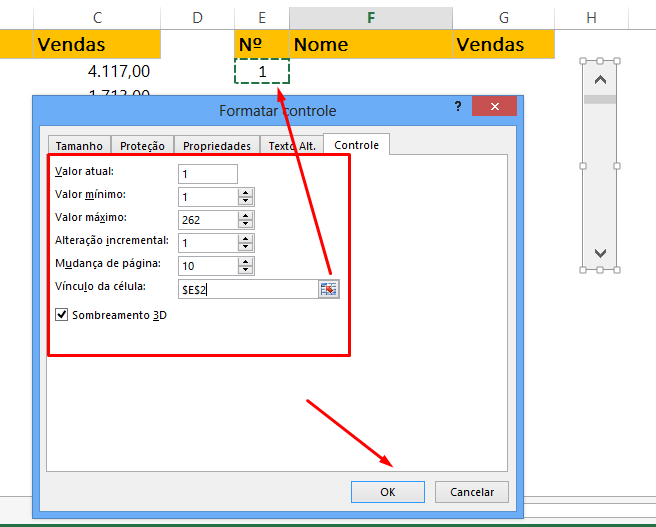 Configurando Formatar Controle para Barra de Rolagem no Excel