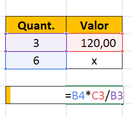 Cálculo da regra de 3 no Excel diretamente proporcional