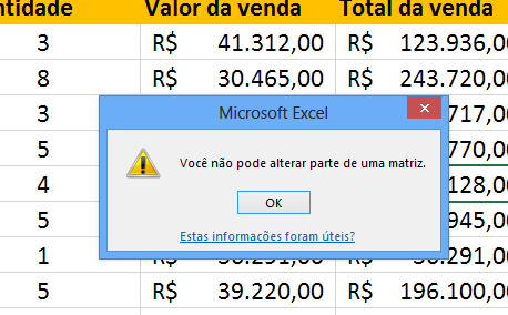 Erro ao apagar Função matricial no Excel