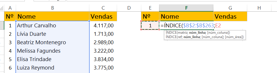 Função ÍNDICE para nomes em Barra de Rolagem no Excel