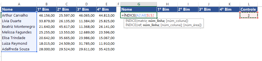 Primeira função ÍNDICE do Gráfico com Barra de Rolagem no Excel