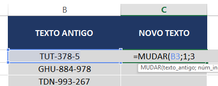 num_caractere da função MUDAR no Excel