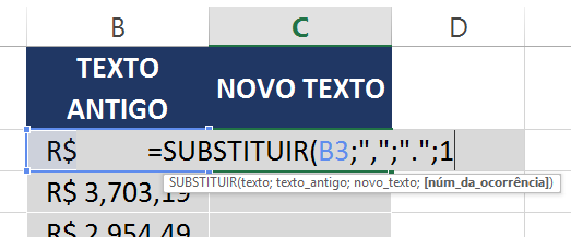 ocorrencia da Função SUBSTITUIR no Excel