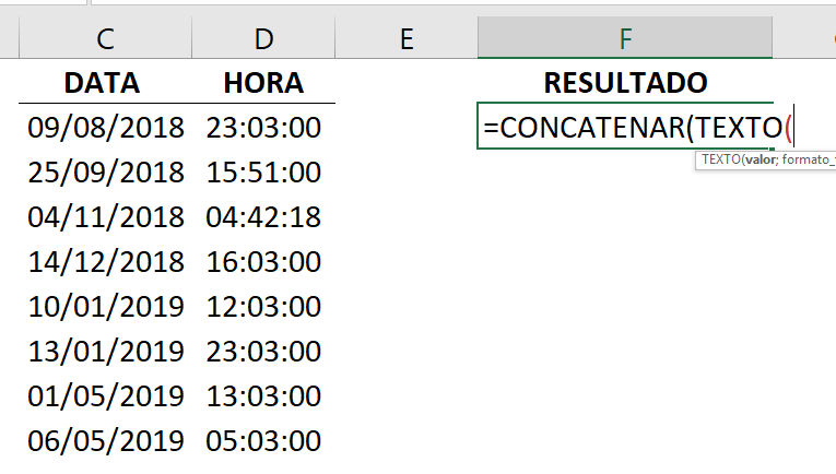 Abrindo a função concatenar e texto para combinar data e hora no Excel