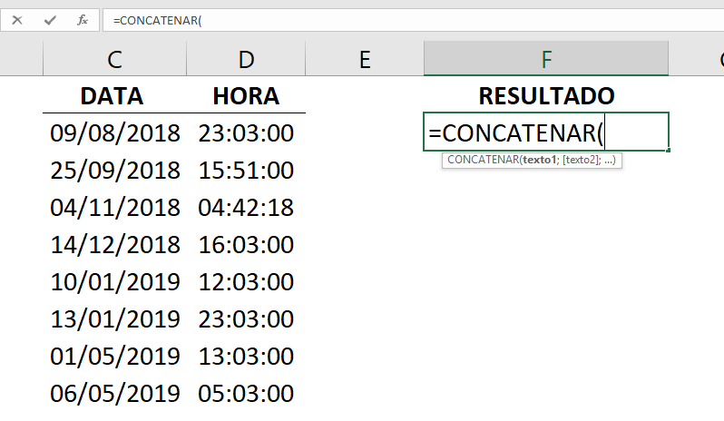 Abrindo a função concatenar para combinar data e hora no Excel