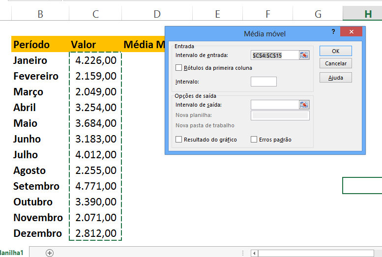 Intervalo de entrada para média móvel no Excel