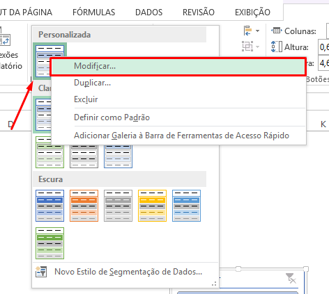 Modificar 1 formatar Segmentação de Dados no Excel