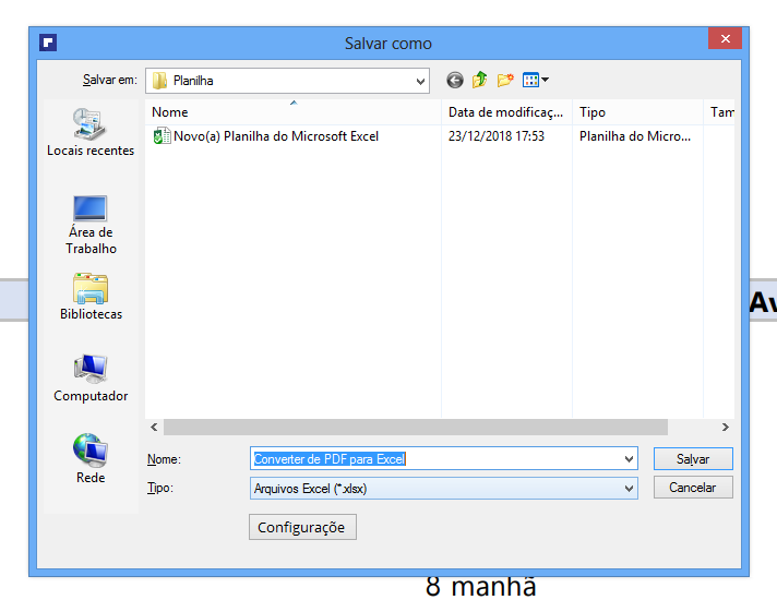 Salvando para Converter de PDF para Excel