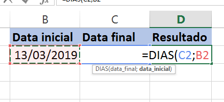 Data_inicial para Função DIAS no Excel