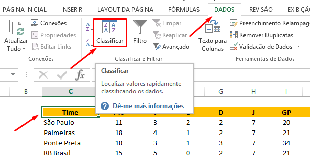 Guia dados para classificação do campeonato no Excel