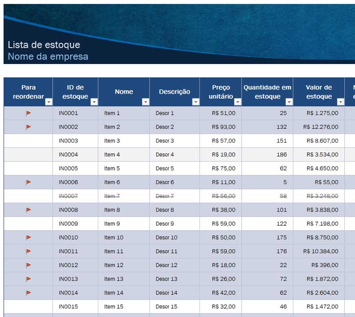 Modelo de Planilha - Planilha de Estoque Excel com destaques