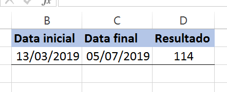 Resultado da Função DIAS no Excel