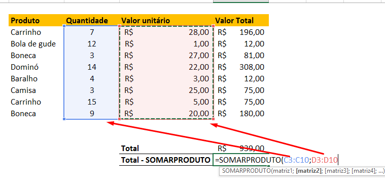 Somandoprodutos para função SomarProduto no Excel