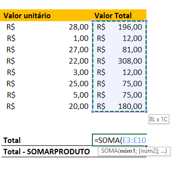 Somar total para função SomarProduto no Excel