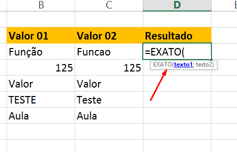 Abrindo a Função exato no Excel