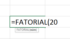 Digitando número para Função Fatorial no Excel