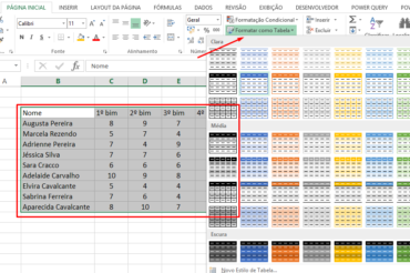 Escolhendo opção para formatar planilha como Tabela no Excel