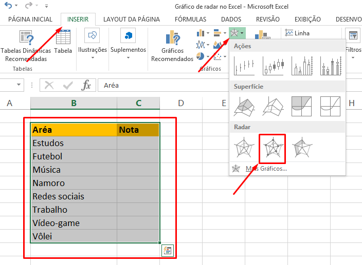 Novo gráfico de radar no Excel