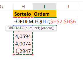 Ordem.eq para Sorteio sem repetição no Excel