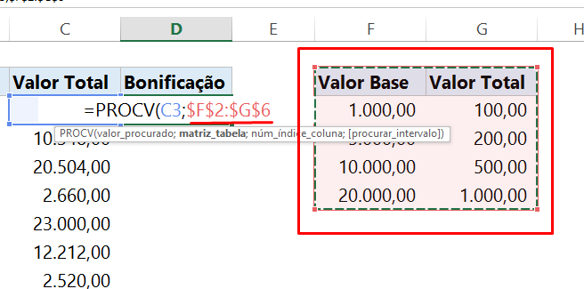 matriz tabela para PROCV com valor aproximado