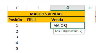 Abrindo função MAIOR para ranking no Excel