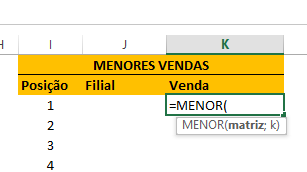 Abrindo função MENOR para ranking no Excel