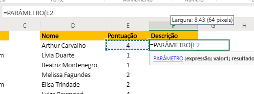 Expressão para Função PARÂMETRO no Excel