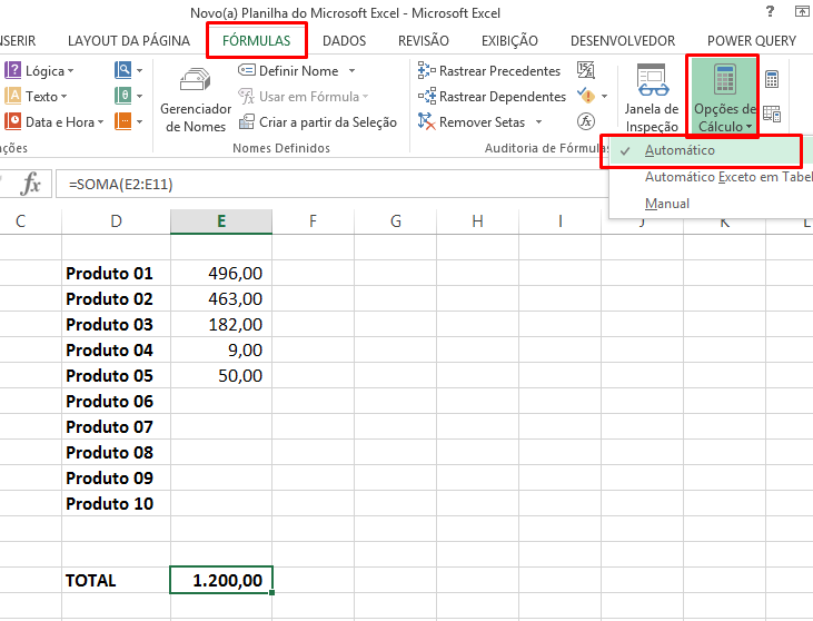 Guia Fórmulas para cálculo não está automático no Excel
