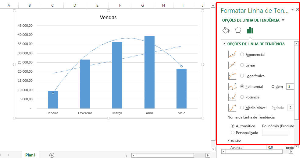 Menu de linha de tendência no Excel
