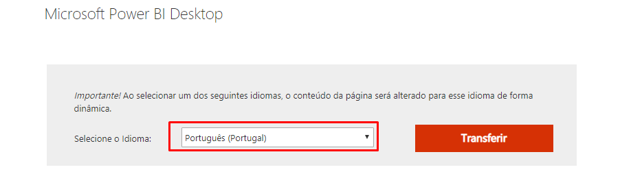 Português para instalar o Power Bi