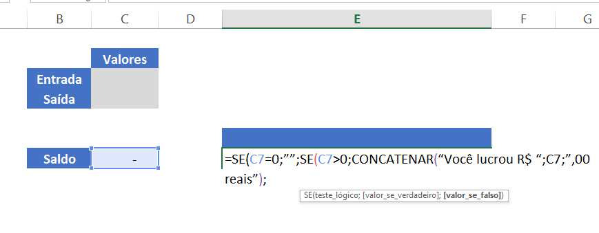 Primeira concatenação de frases automáticas no Excel